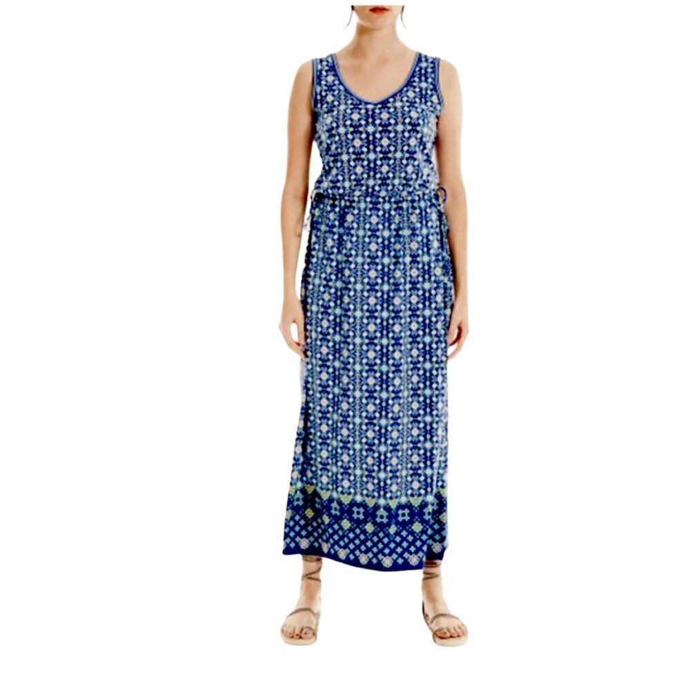 NWT Max Studio Navy Blue Yellow Geometric Floral Sleeveless Maxi Dress sz M